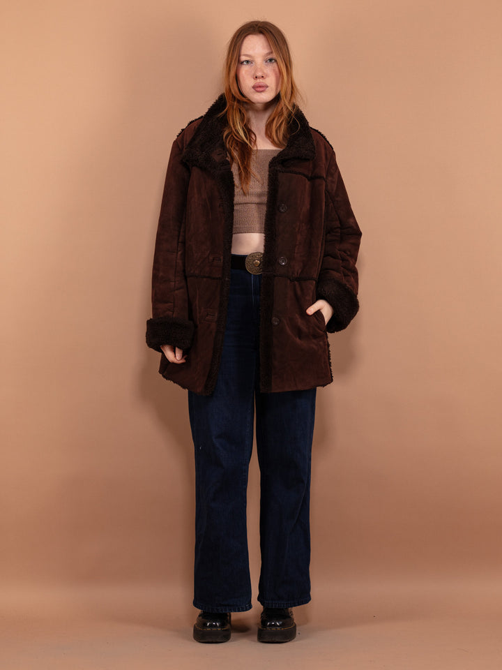 Vintage 90's Women Faux Sheepskin Coat in Brown - NorthernGrip