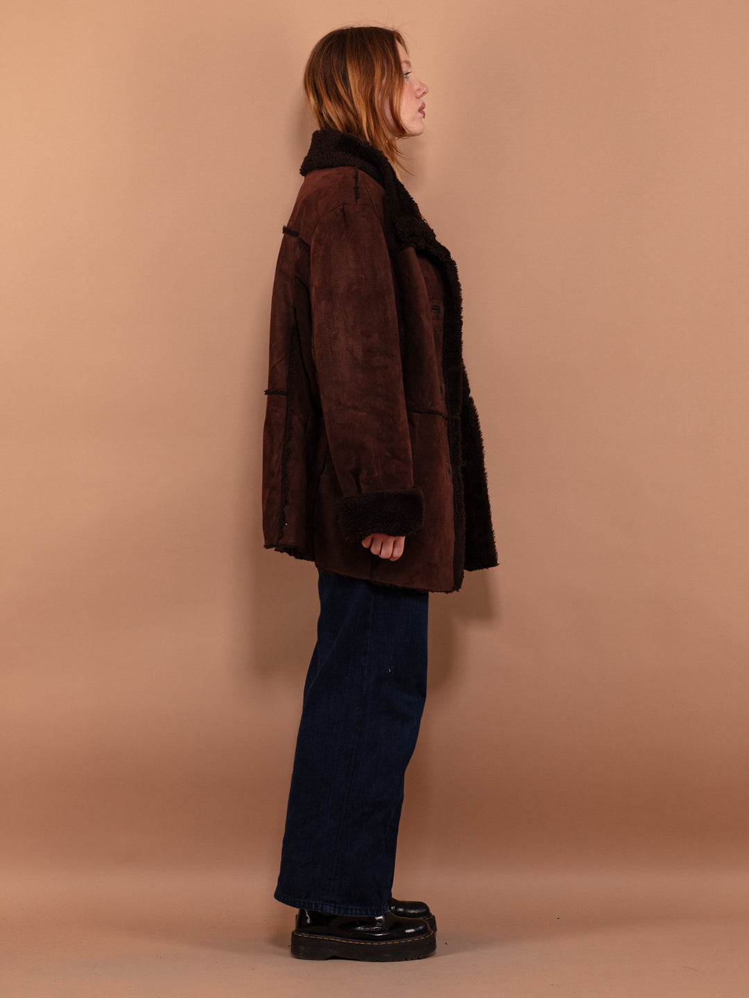 Vintage 90's Women Faux Sheepskin Coat in Brown - NorthernGrip