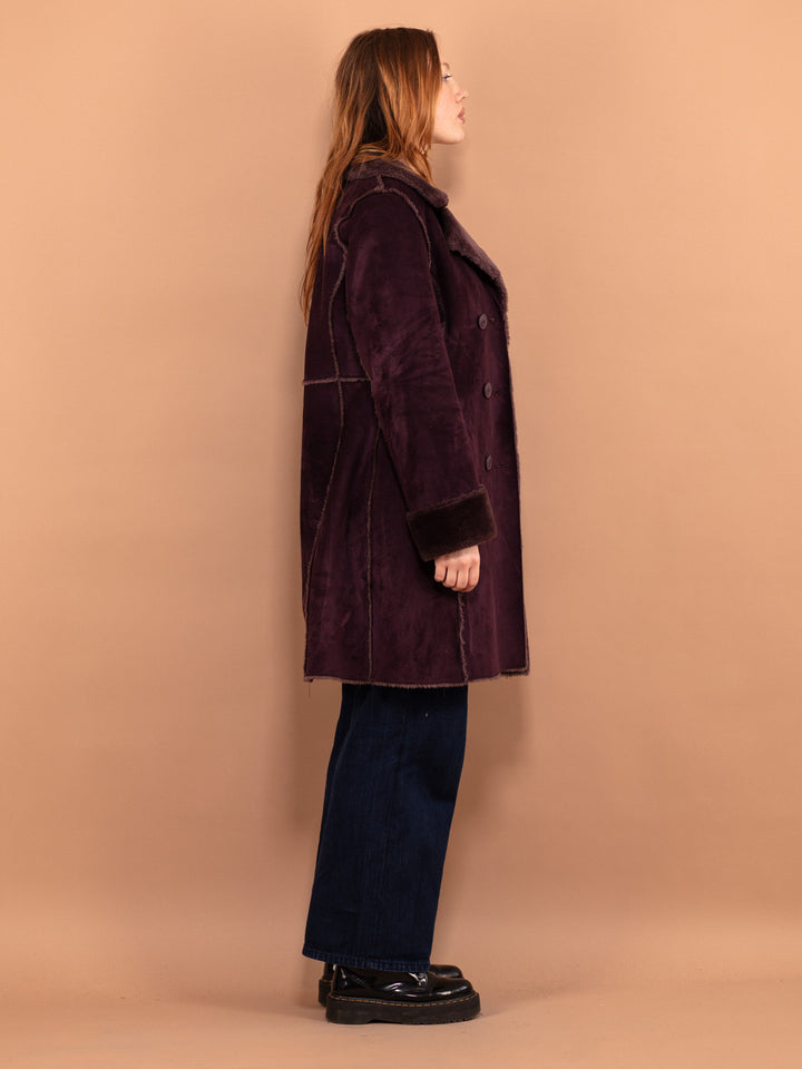 Vintage 90's Women Faux Sheepskin Coat in Purple - NorthernGrip