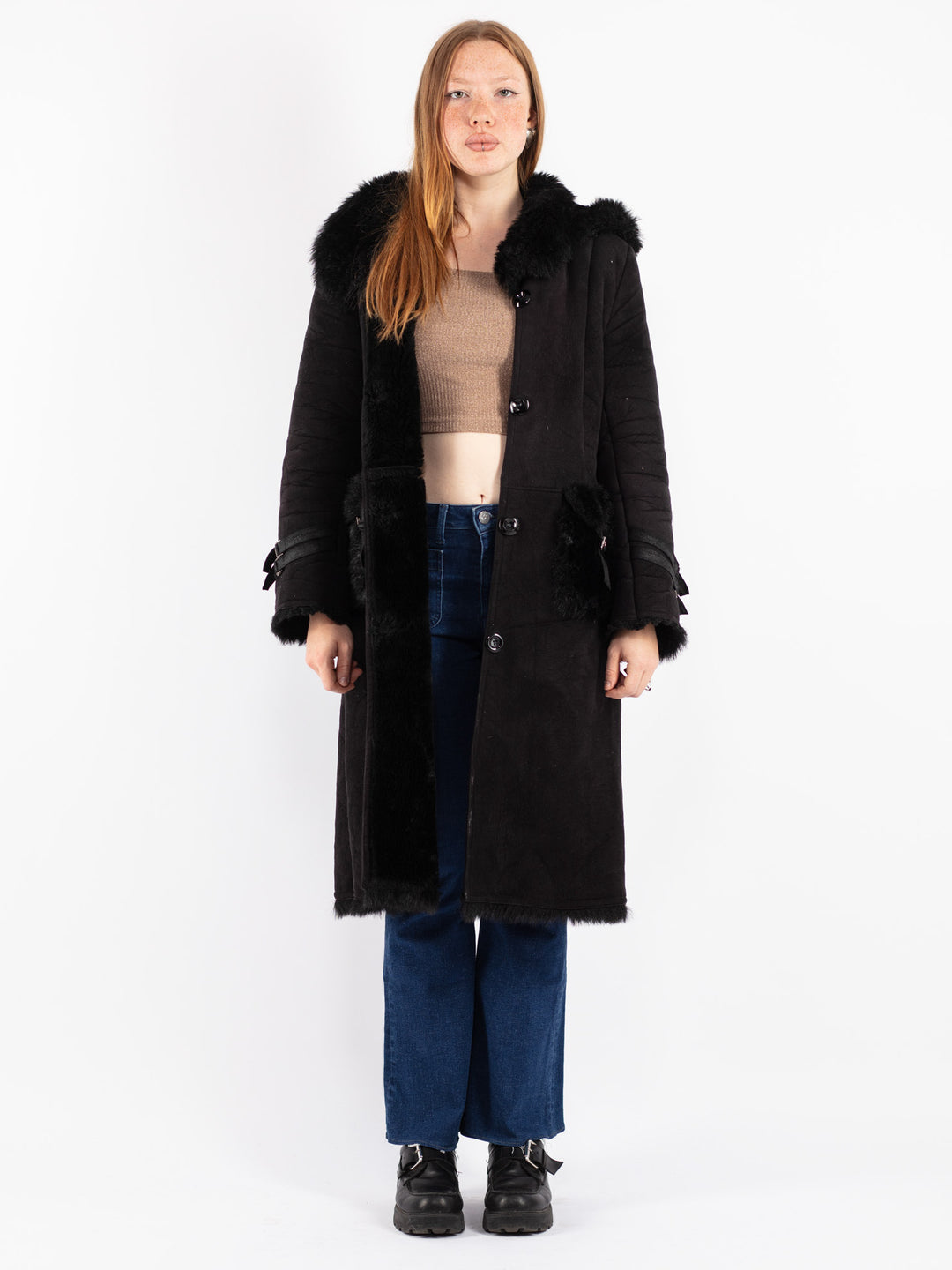 Vintage 90's Women Faux Sheepskin Coat in Black