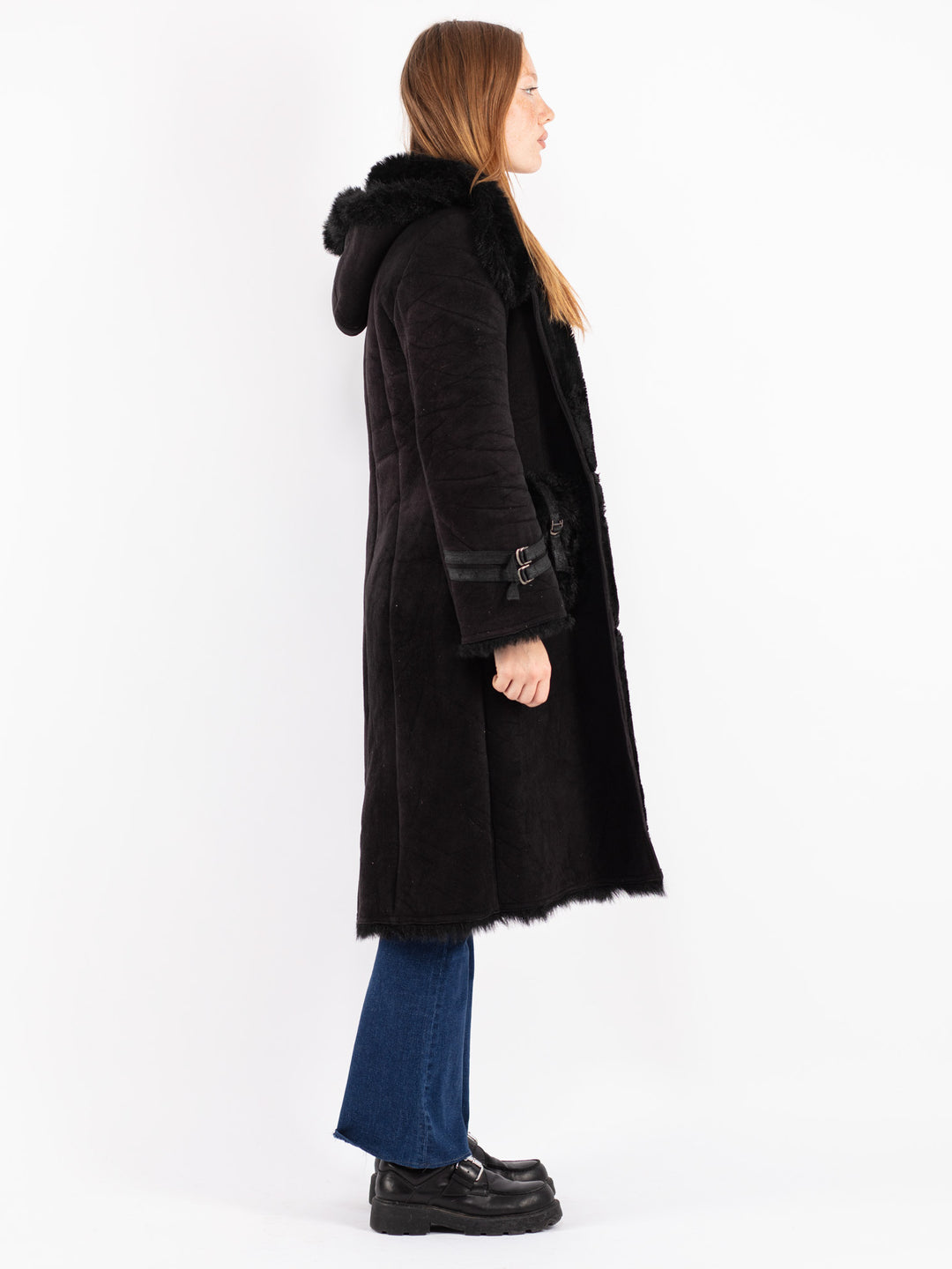 Vintage 90's Women Faux Sheepskin Coat in Black