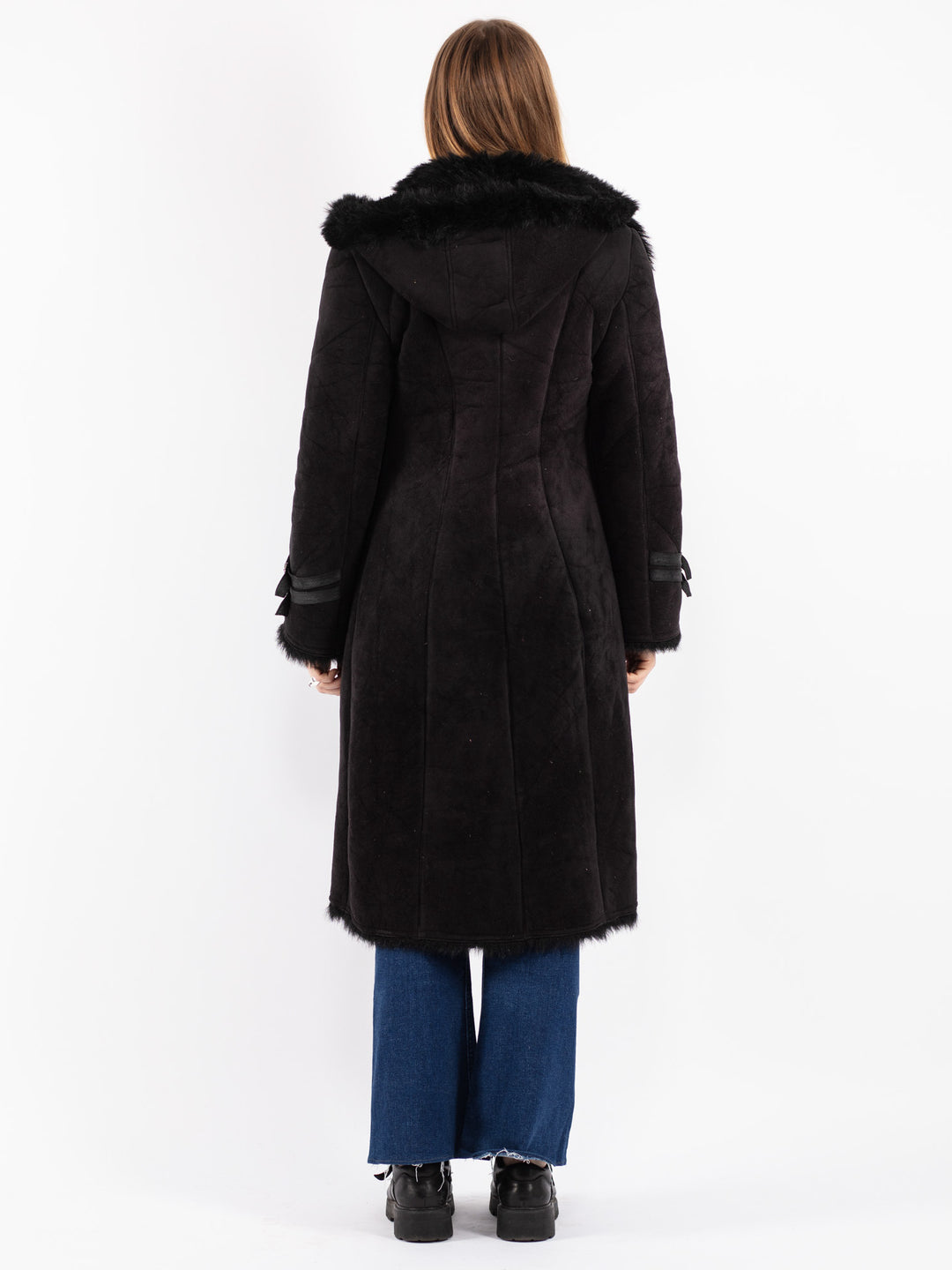 Vintage 90's Women Faux Sheepskin Coat in Black