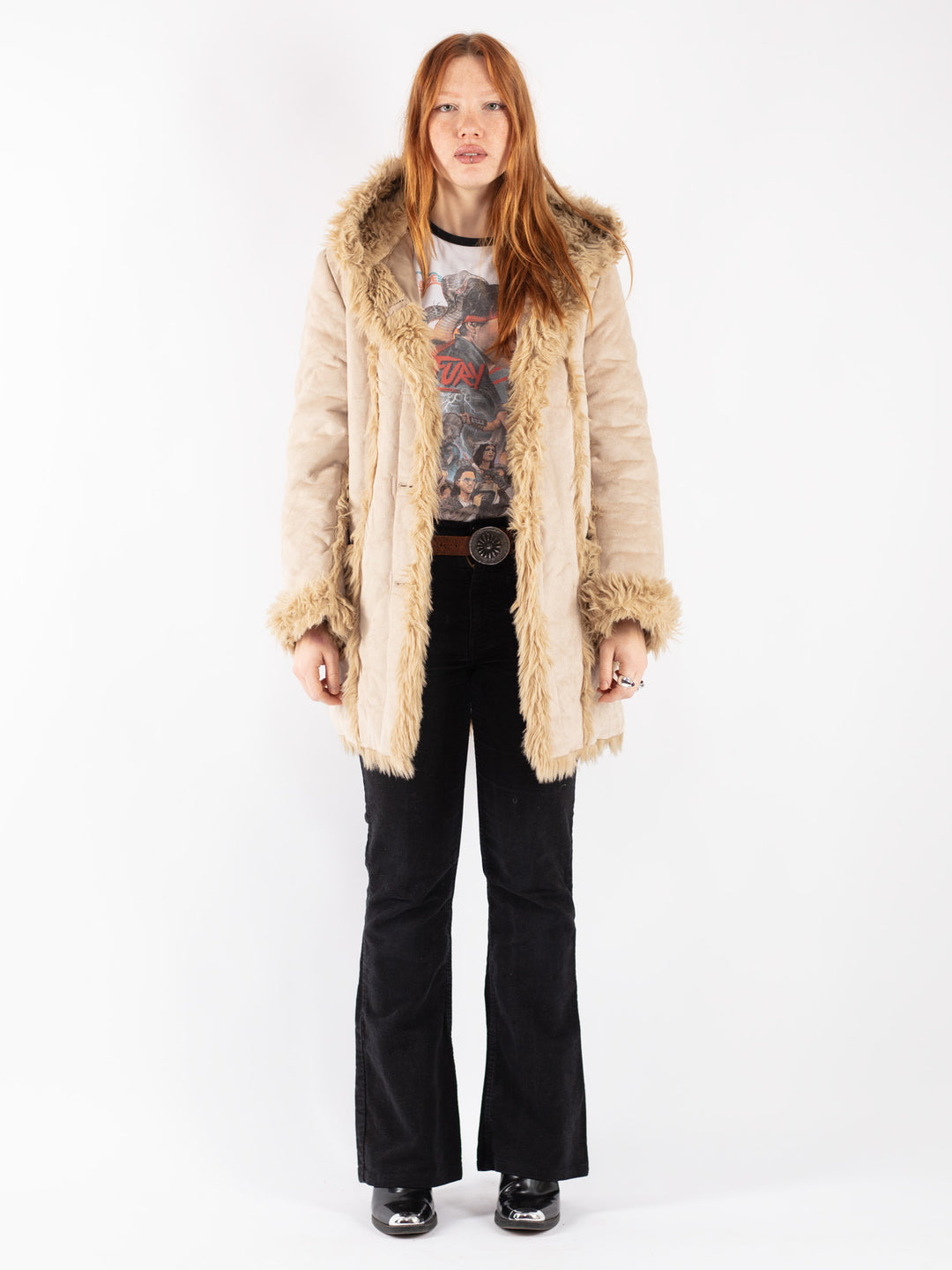 Vintage 90's Women Faux Sheepskin Coat in Beige