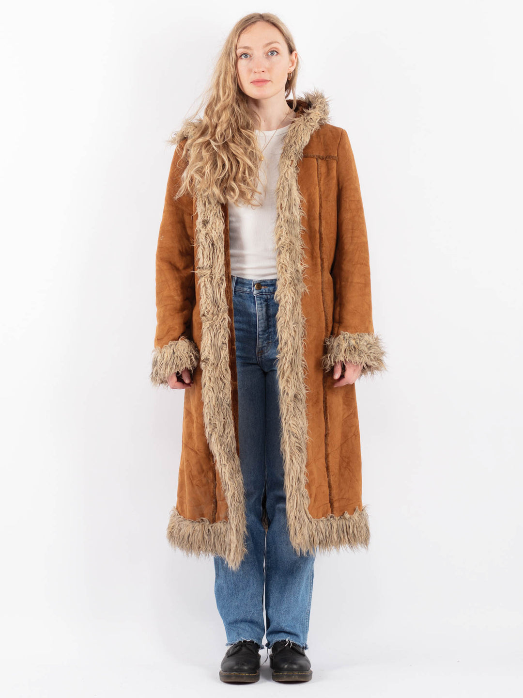 Vintage 90's Women Faux Sheepskin Coat in BrownV9509
