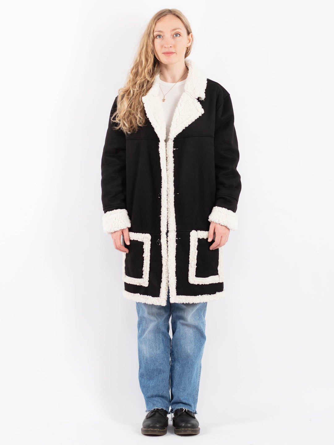 Vintage 90's Women Faux Sheepskin Coat in BlackV9511