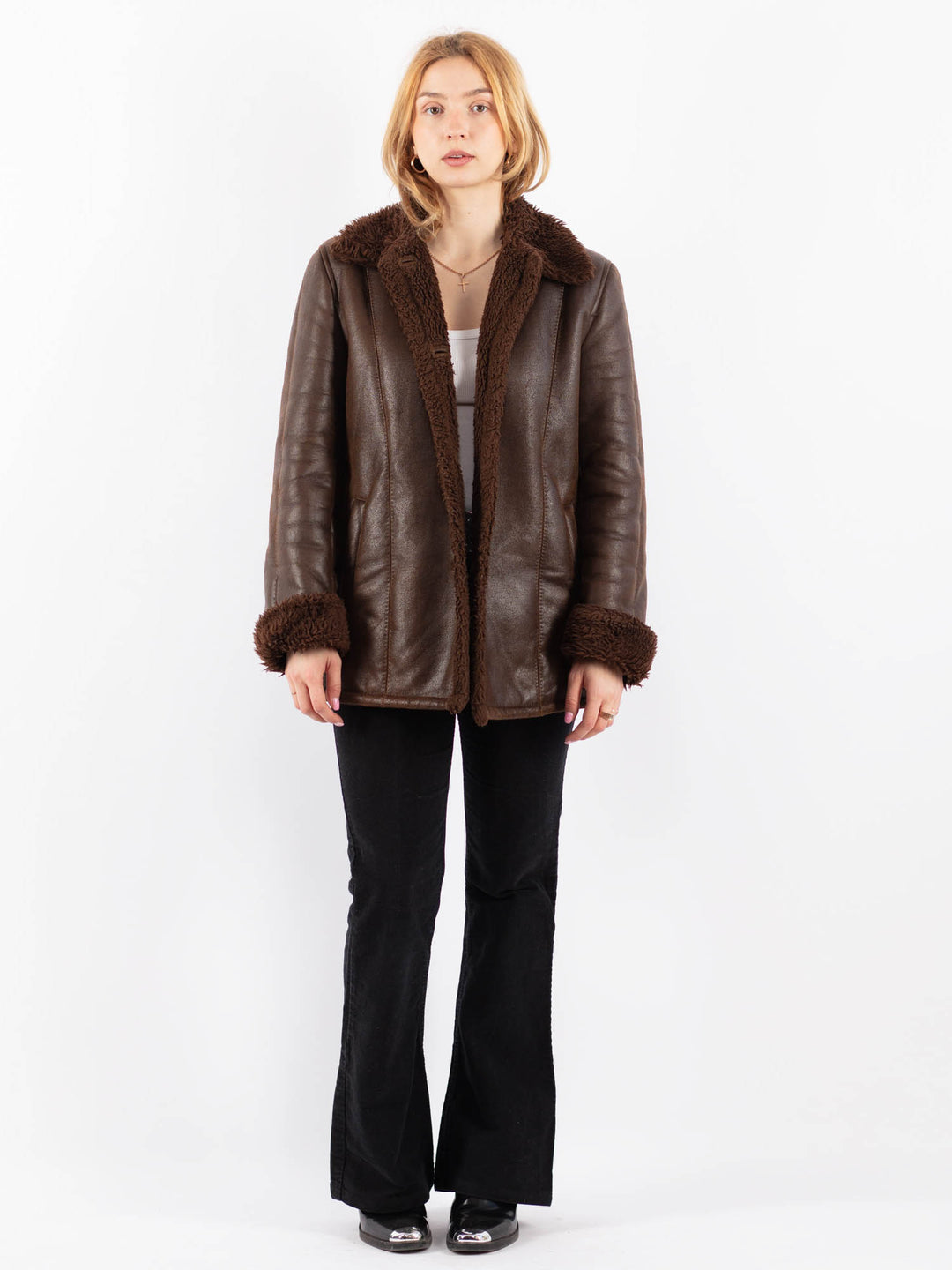 Vintage 90's Women Faux Sheepskin Coat in BrownV9705