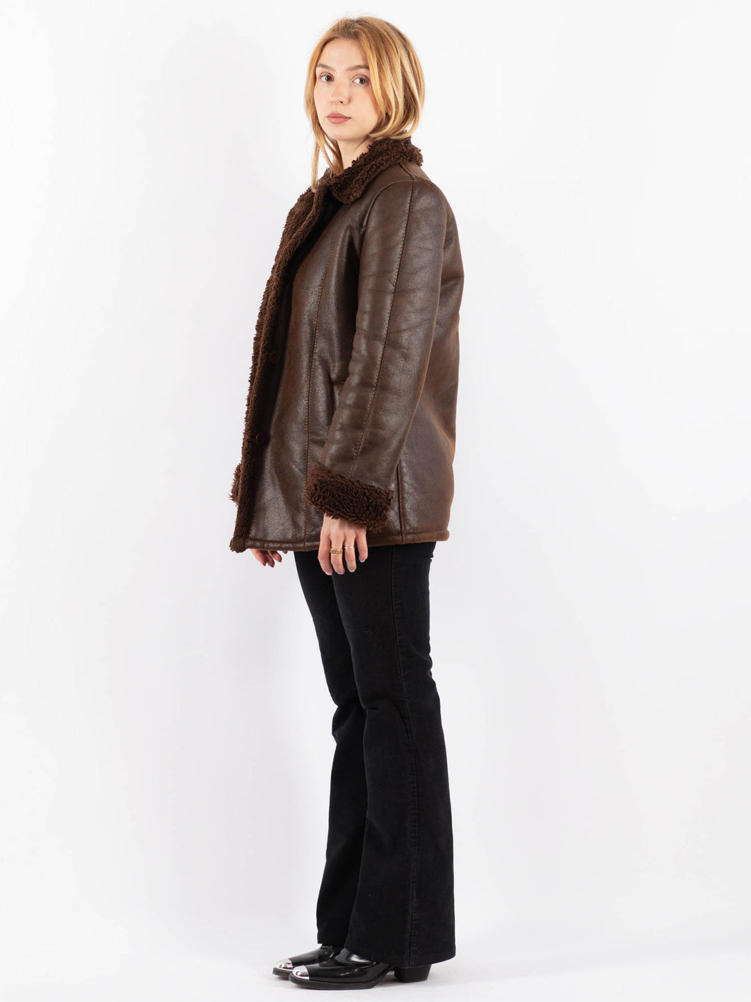 Vintage 90's Women Faux Sheepskin Coat in BrownV9705