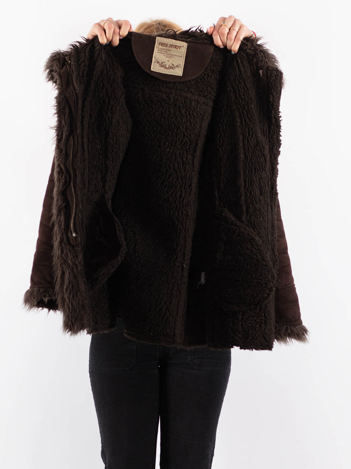 Vintage 90's Women Faux Sheepskin Coat in BrownV9709