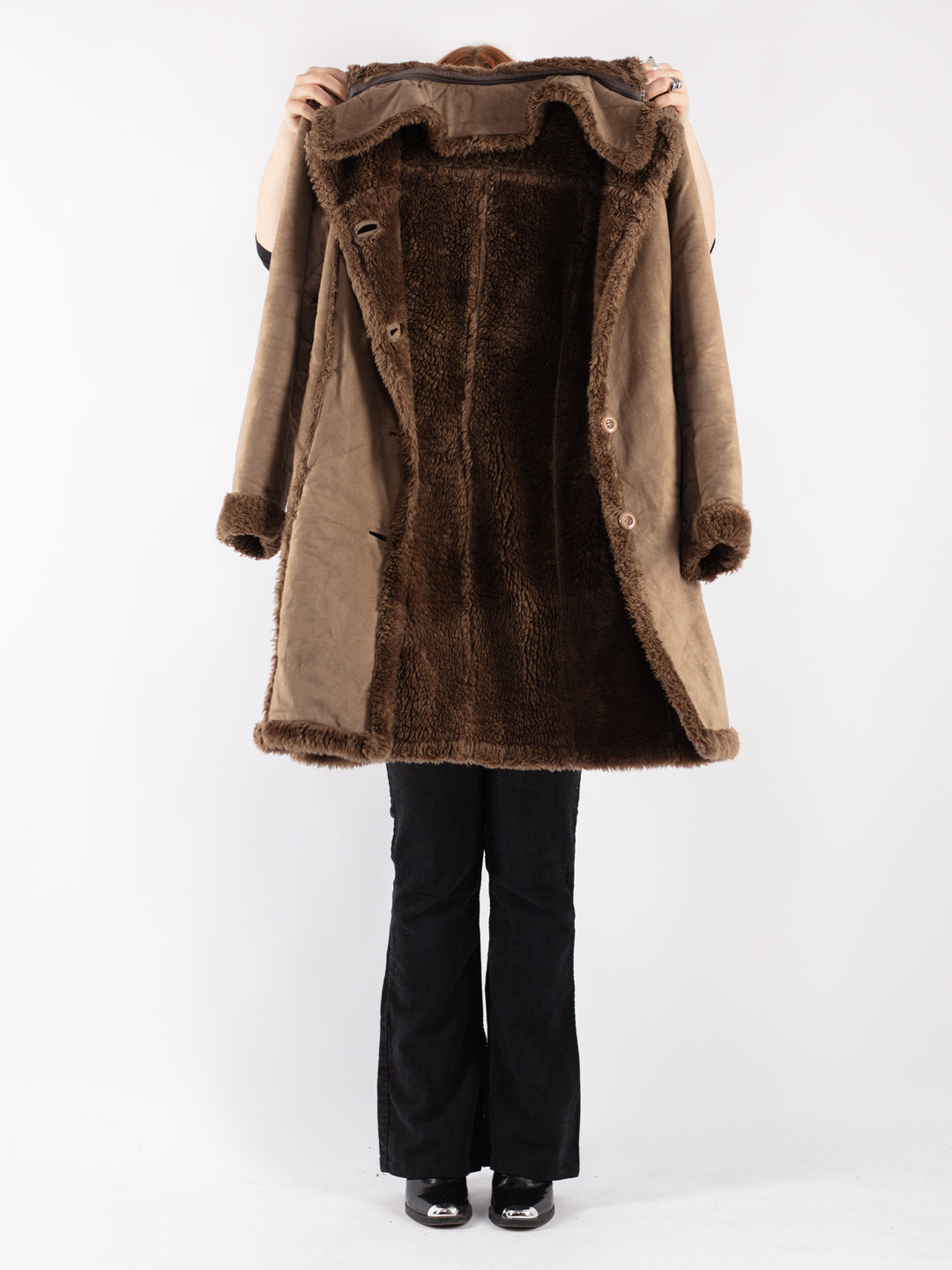 Vintage 90's Women Faux Sheepskin Coat in Beige