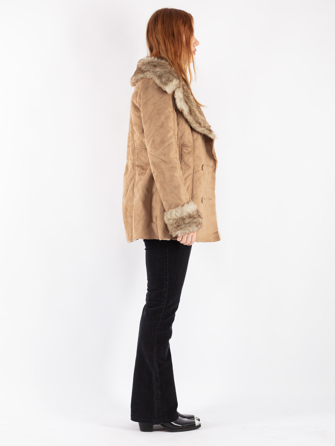Vintage 90's Women Faux Sheepskin Coat in Beige