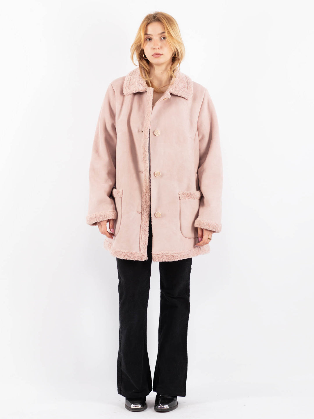Vintage 90's Women Faux Sheepskin Coat in PinkV9729