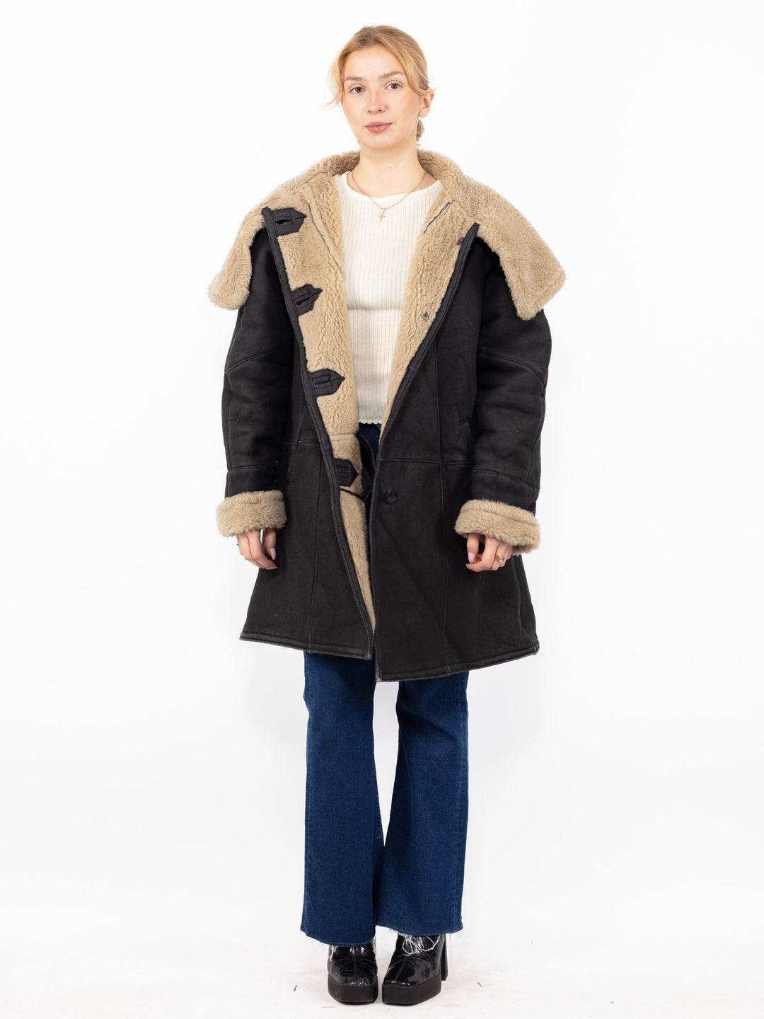 Vintage 90's Women Oversized Faux Sheepskin Coat in Black