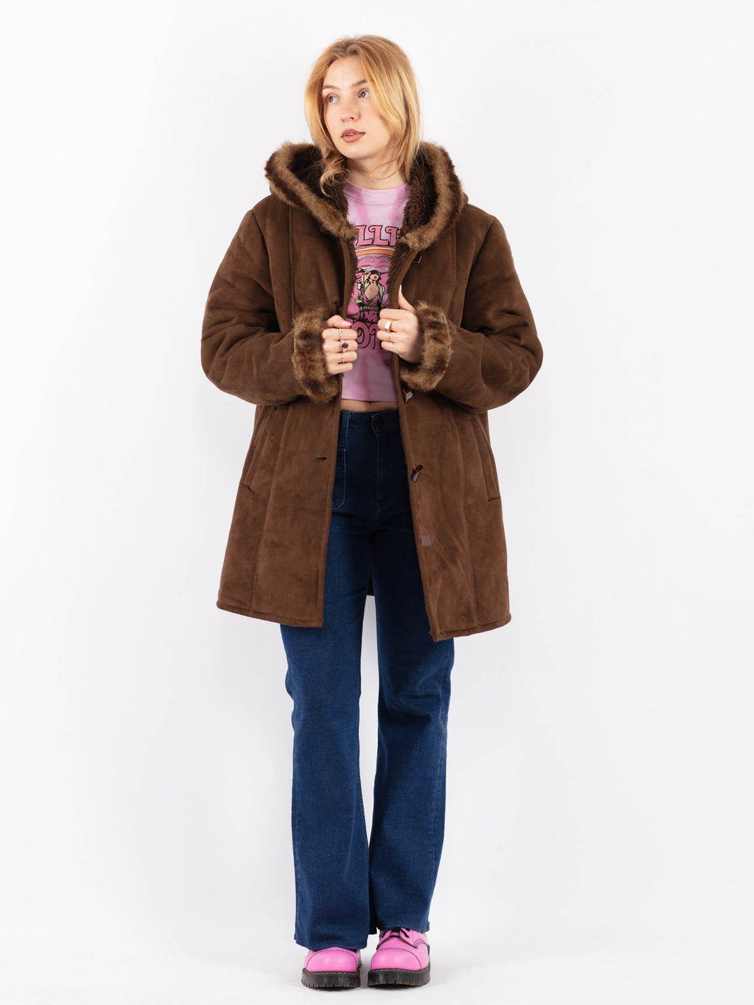 Vintage 90's Women Faux Sheepskin Coat in BrownV9632