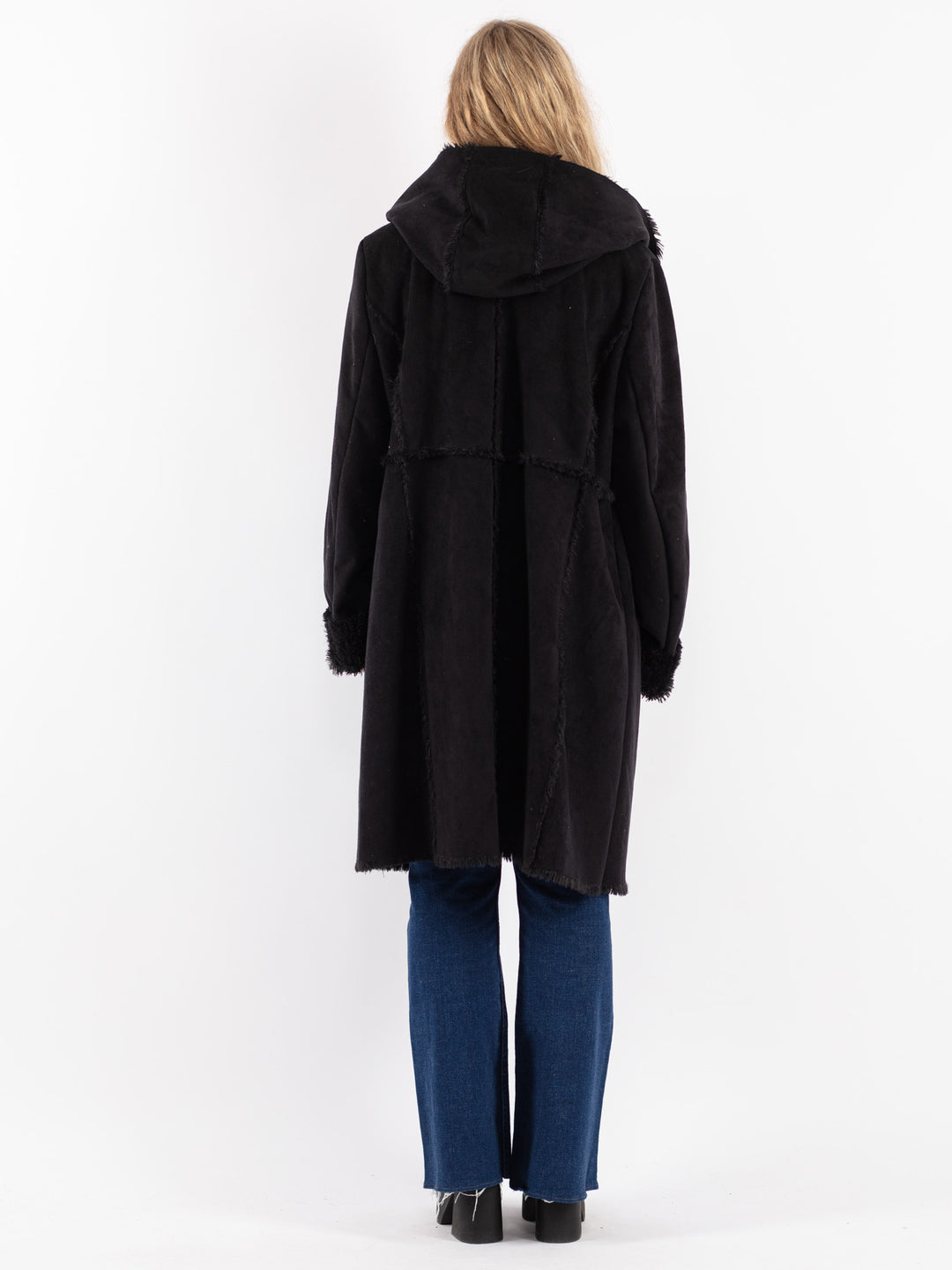 Vintage 90's Women Faux Sheepskin Coat in Black