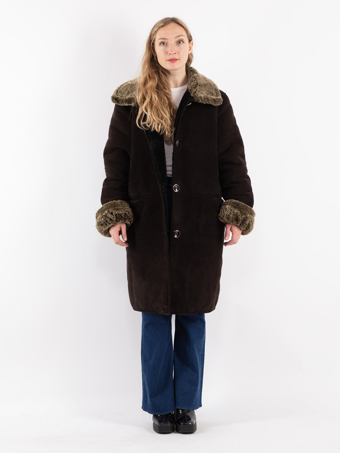 Vintage 90's Women Faux Sheepskin Coat in Brown