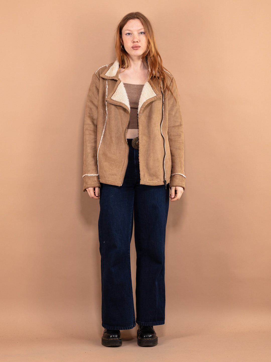 Vintage 90's Women Faux Sheepskin Jacket in Beige - NorthernGrip