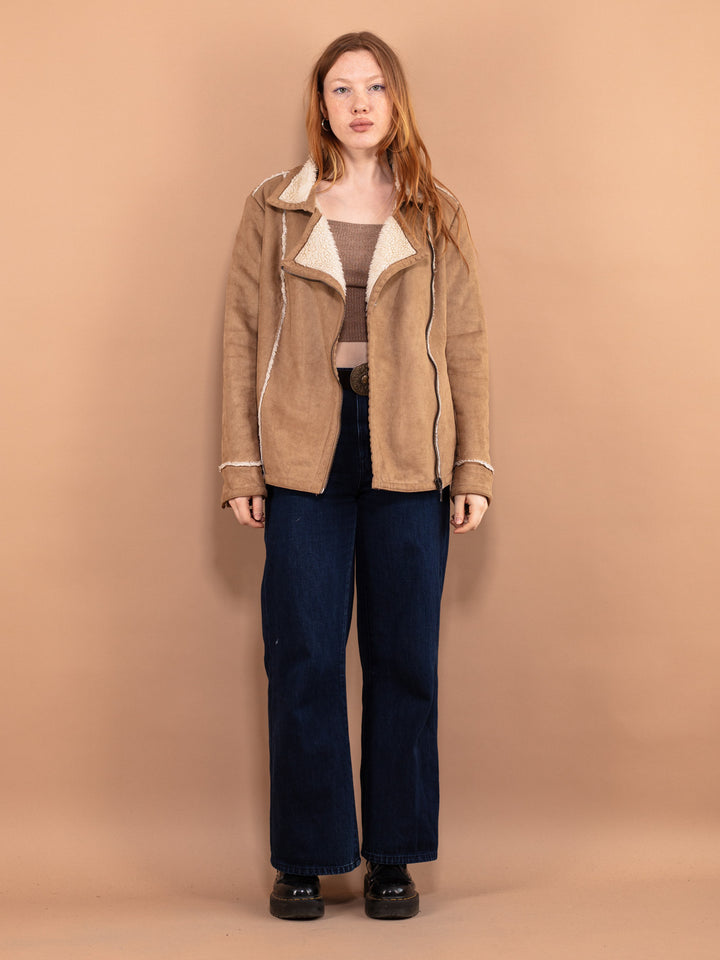Vintage 90's Women Faux Sheepskin Jacket in Beige - NorthernGrip