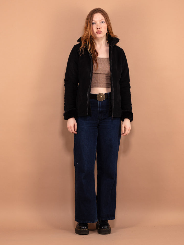 Vintage 90's Women Faux Sheepskin  Jacket in Black - NorthernGrip