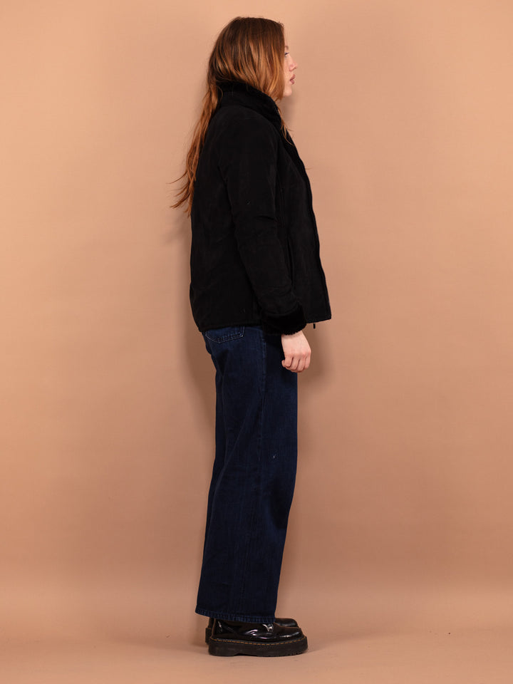 Vintage 90's Women Faux Sheepskin  Jacket in Black - NorthernGrip