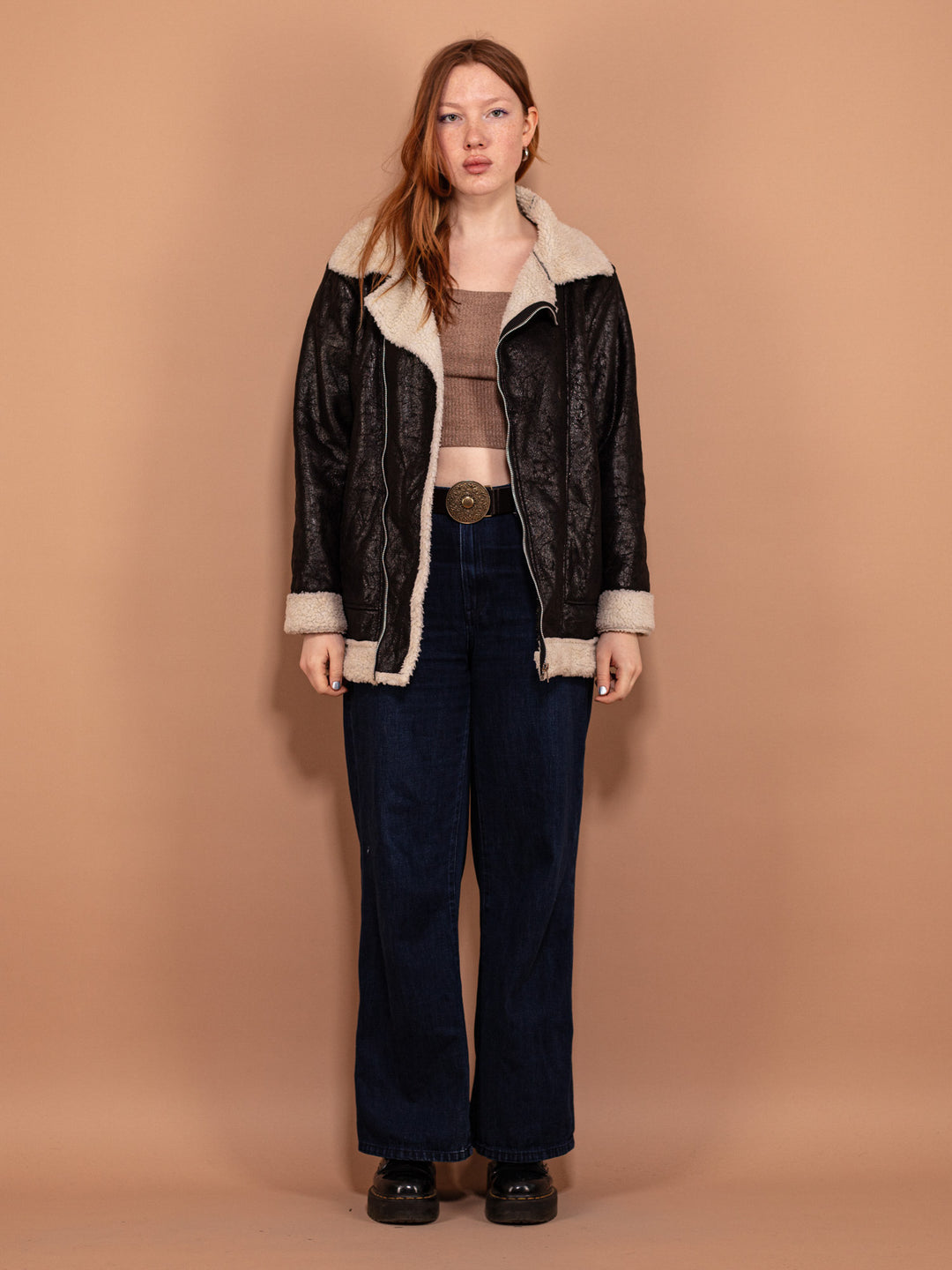 Vintage 90's Women Faux Sheepskin Jacket in Brown - NorthernGrip