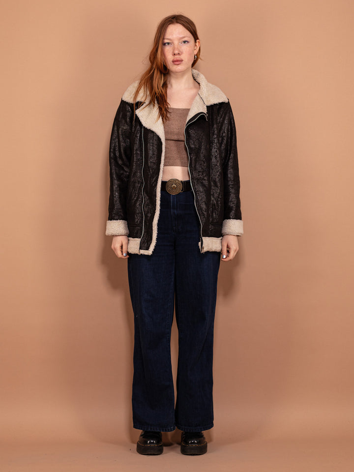 Vintage 90's Women Faux Sheepskin Jacket in Brown - NorthernGrip