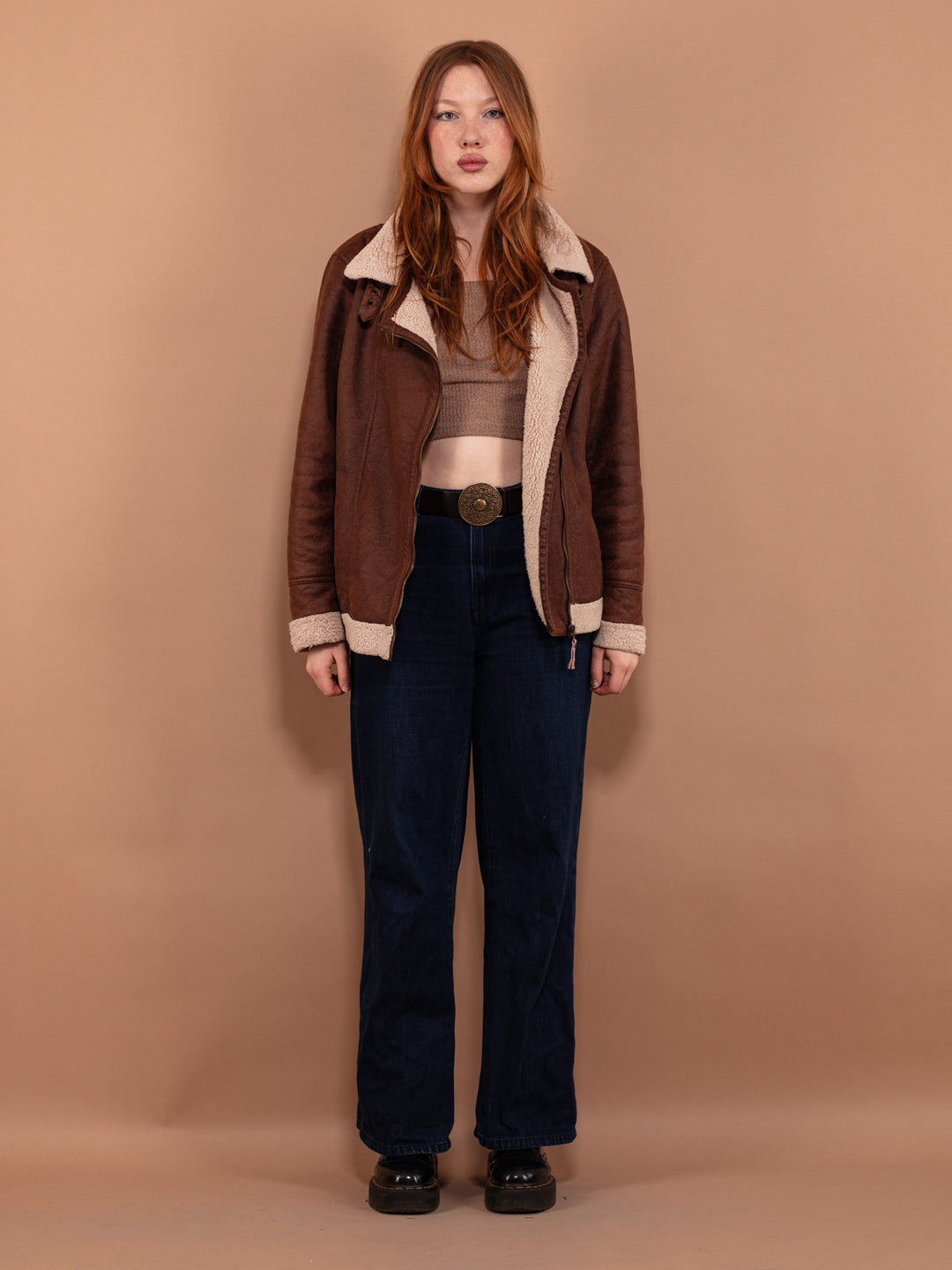 Vintage 90's Women Faux Sheepskin Jacket in Brown - NorthernGrip