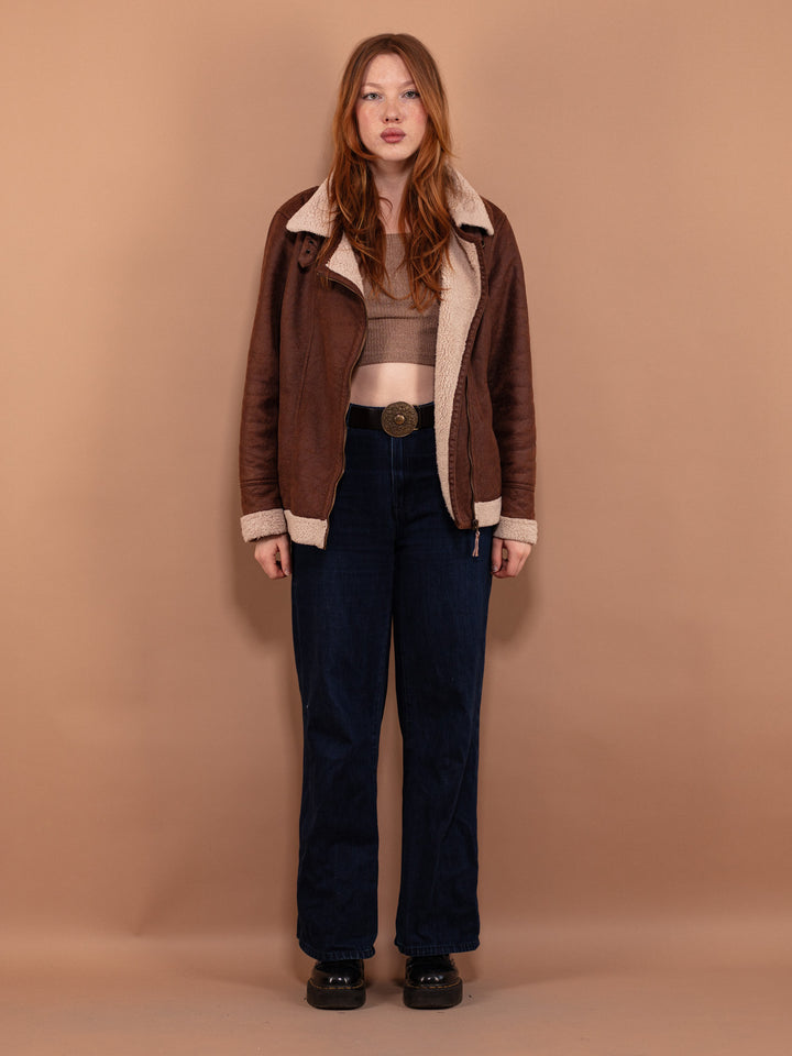 Vintage 90's Women Faux Sheepskin Jacket in Brown - NorthernGrip