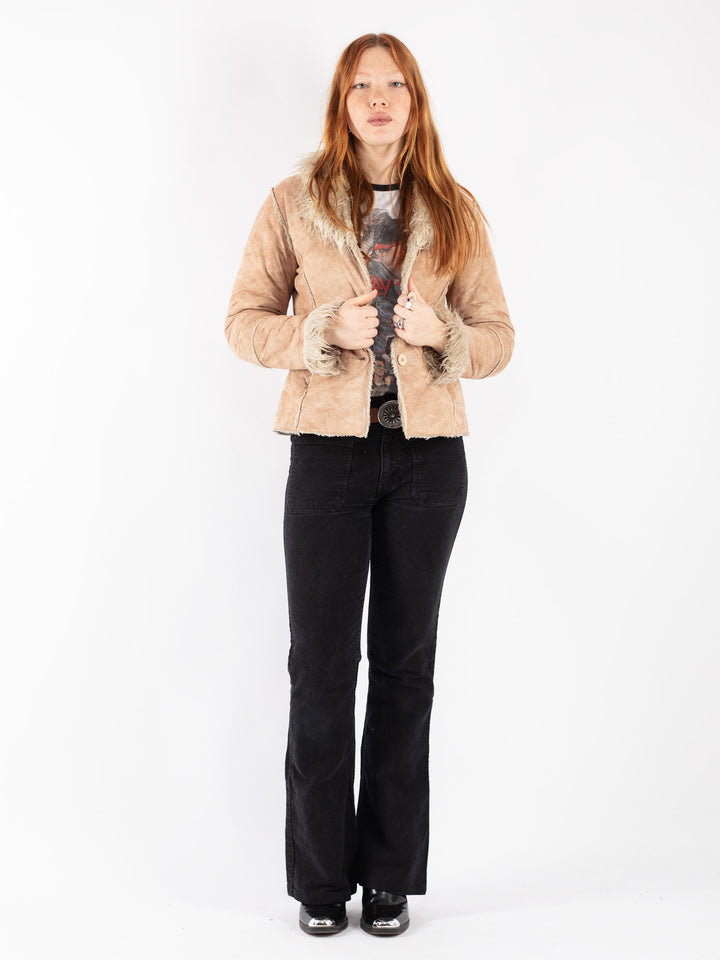 Vintage 90's Women Faux Sheepskin Jacket in Beige