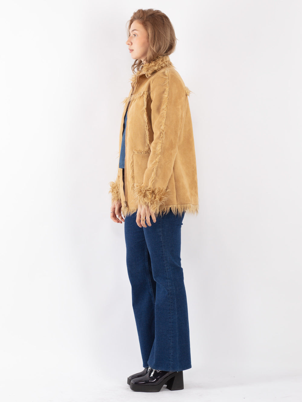 Vintage 80's Women Faux Sheepskin Jacket in Beige
