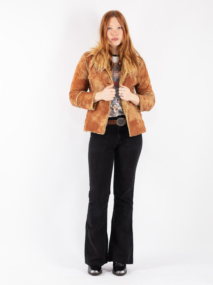 Vintage 90's Women Faux Sheepskin Jacket in Brown