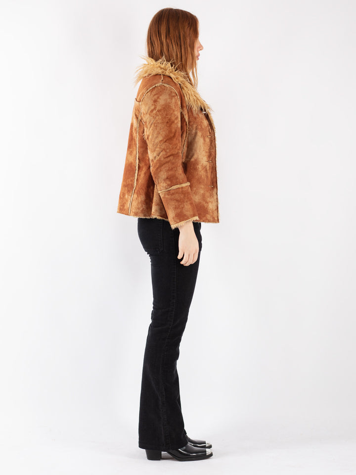Vintage 90's Women Faux Sheepskin Jacket in Brown