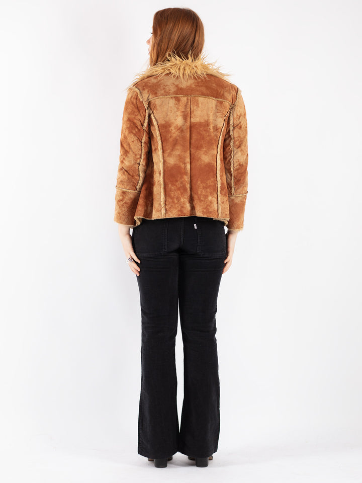 Vintage 90's Women Faux Sheepskin Jacket in Brown