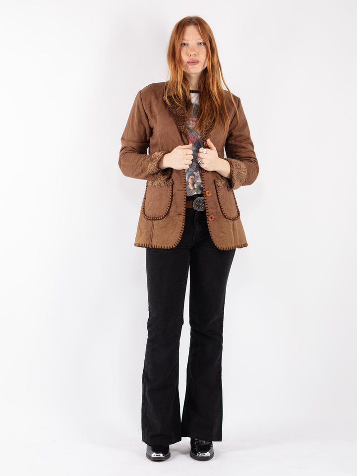 Vintage 90's Women Faux Sheepskin Jacket in Brown
