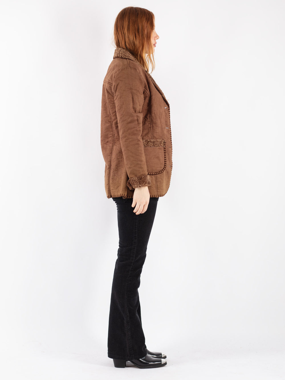 Vintage 90's Women Faux Sheepskin Jacket in Brown