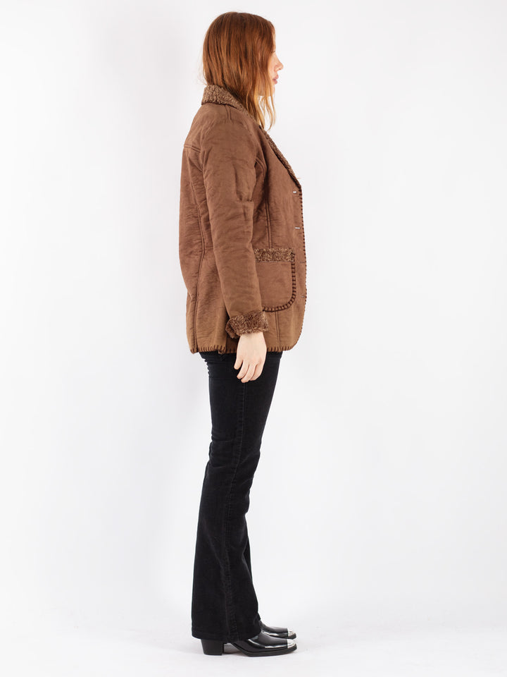 Vintage 90's Women Faux Sheepskin Jacket in Brown