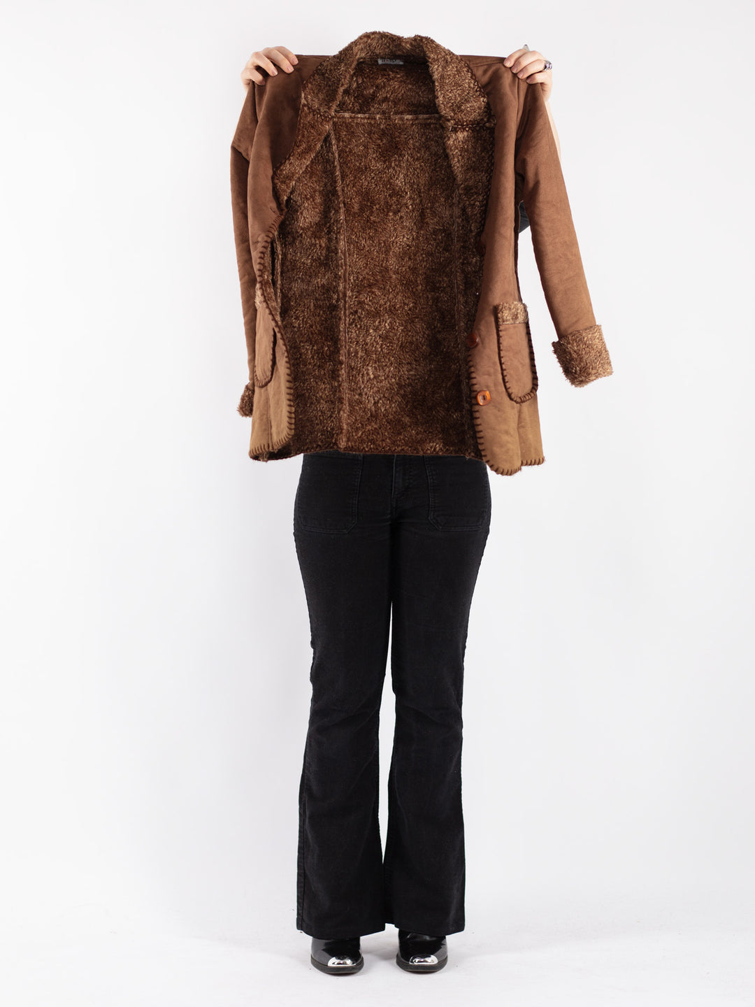 Vintage 90's Women Faux Sheepskin Jacket in Brown