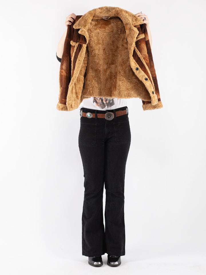 Vintage 90's Women Faux Sheepskin Jacket in Brown