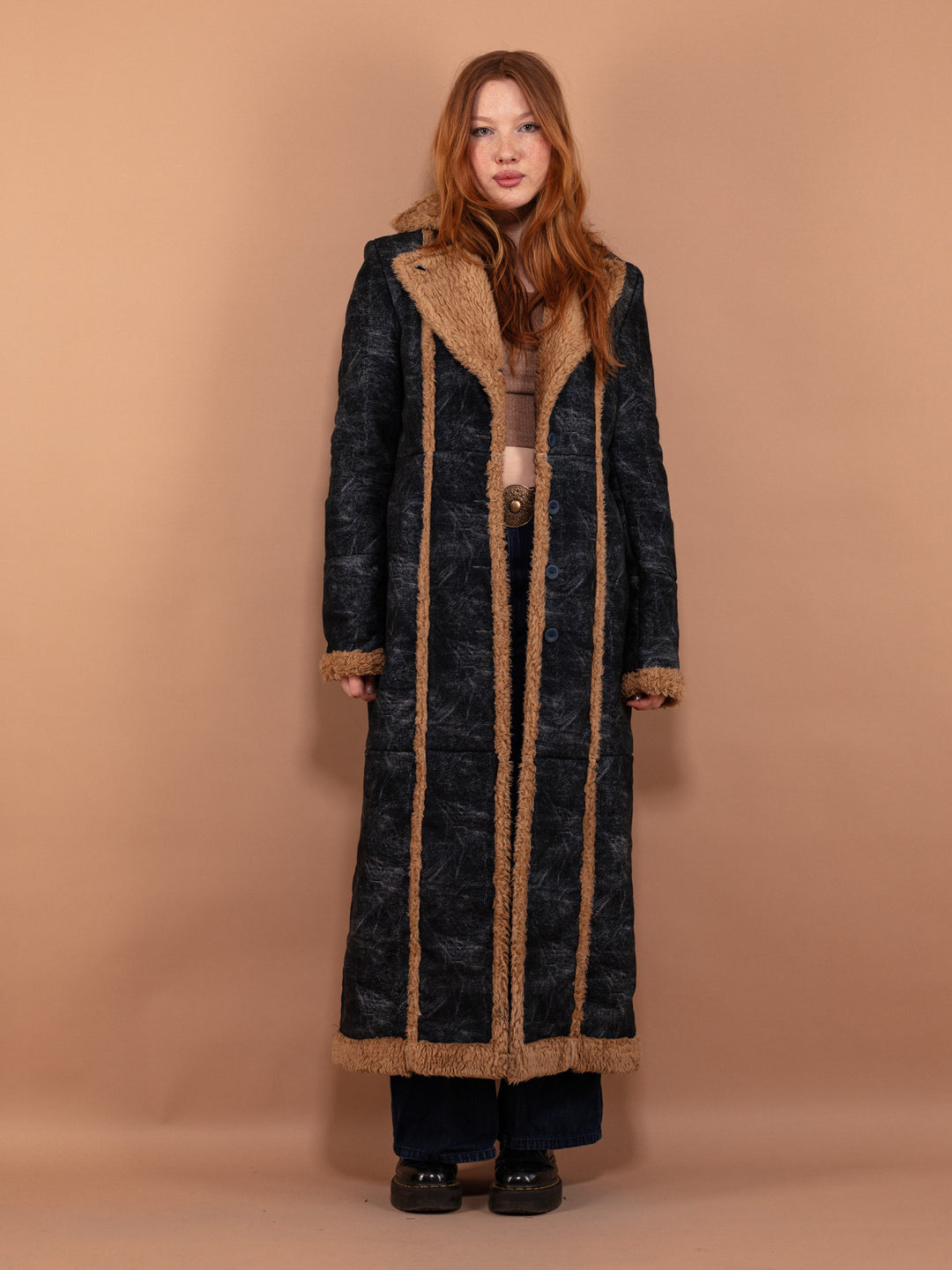 Vintage 90's Women Faux Sheepskin Maxi Coat in Blue - NorthernGrip
