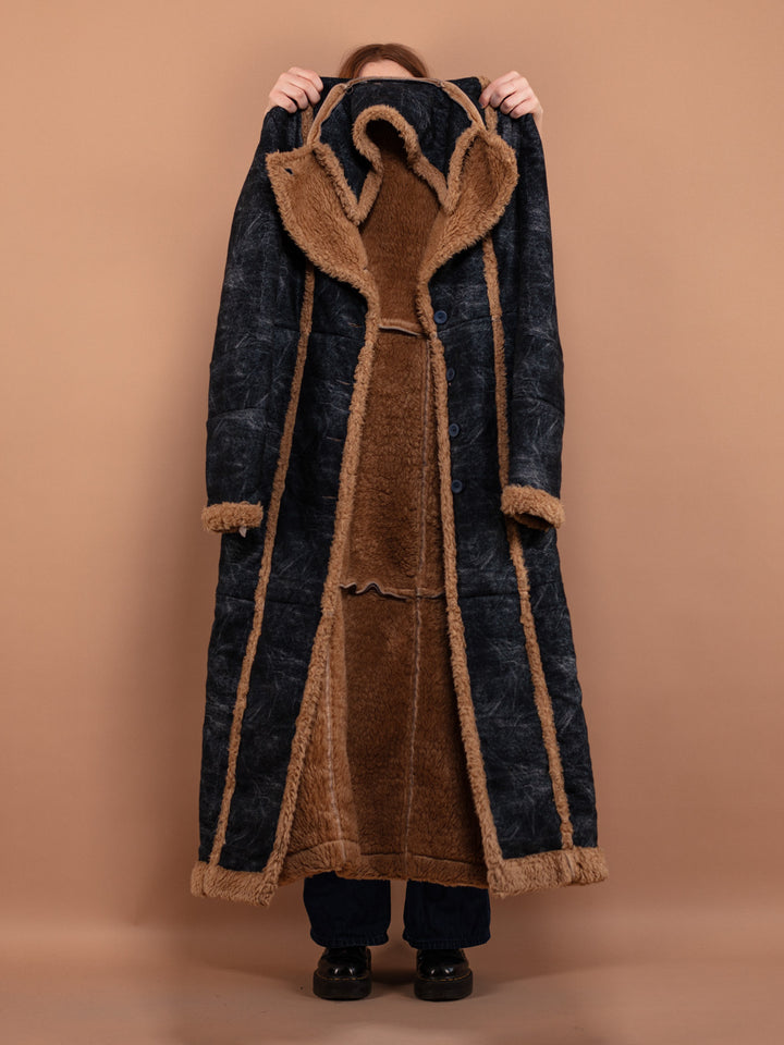 Vintage 90's Women Faux Sheepskin Maxi Coat in Blue - NorthernGrip