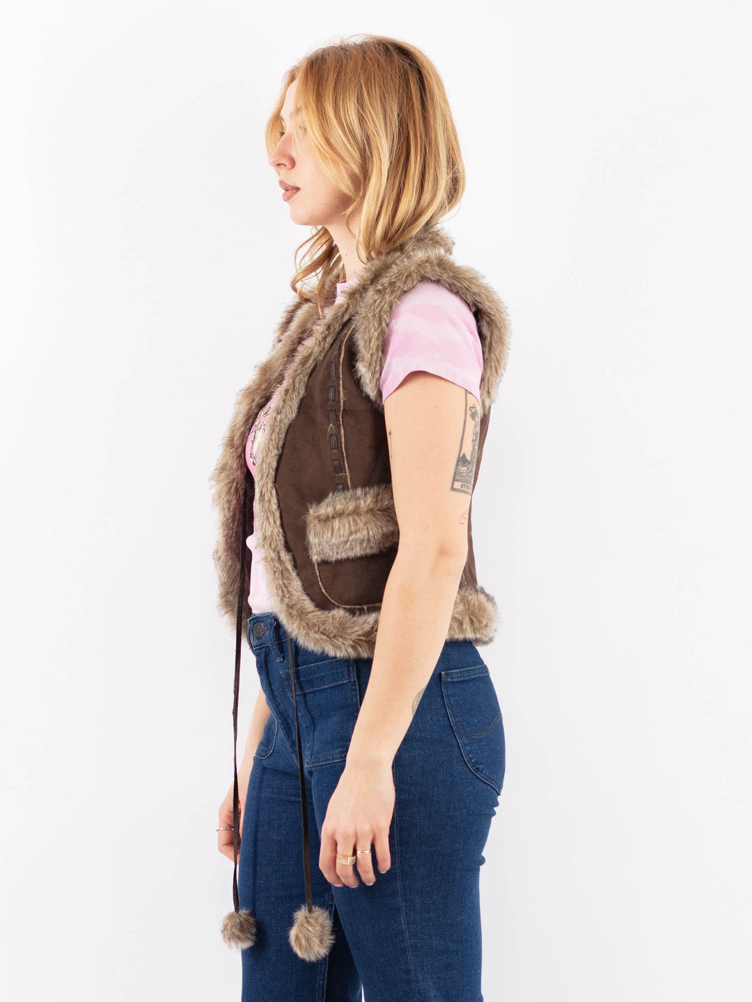 Vintage 90's Women Faux Sheepskin Vest in BrownV9633