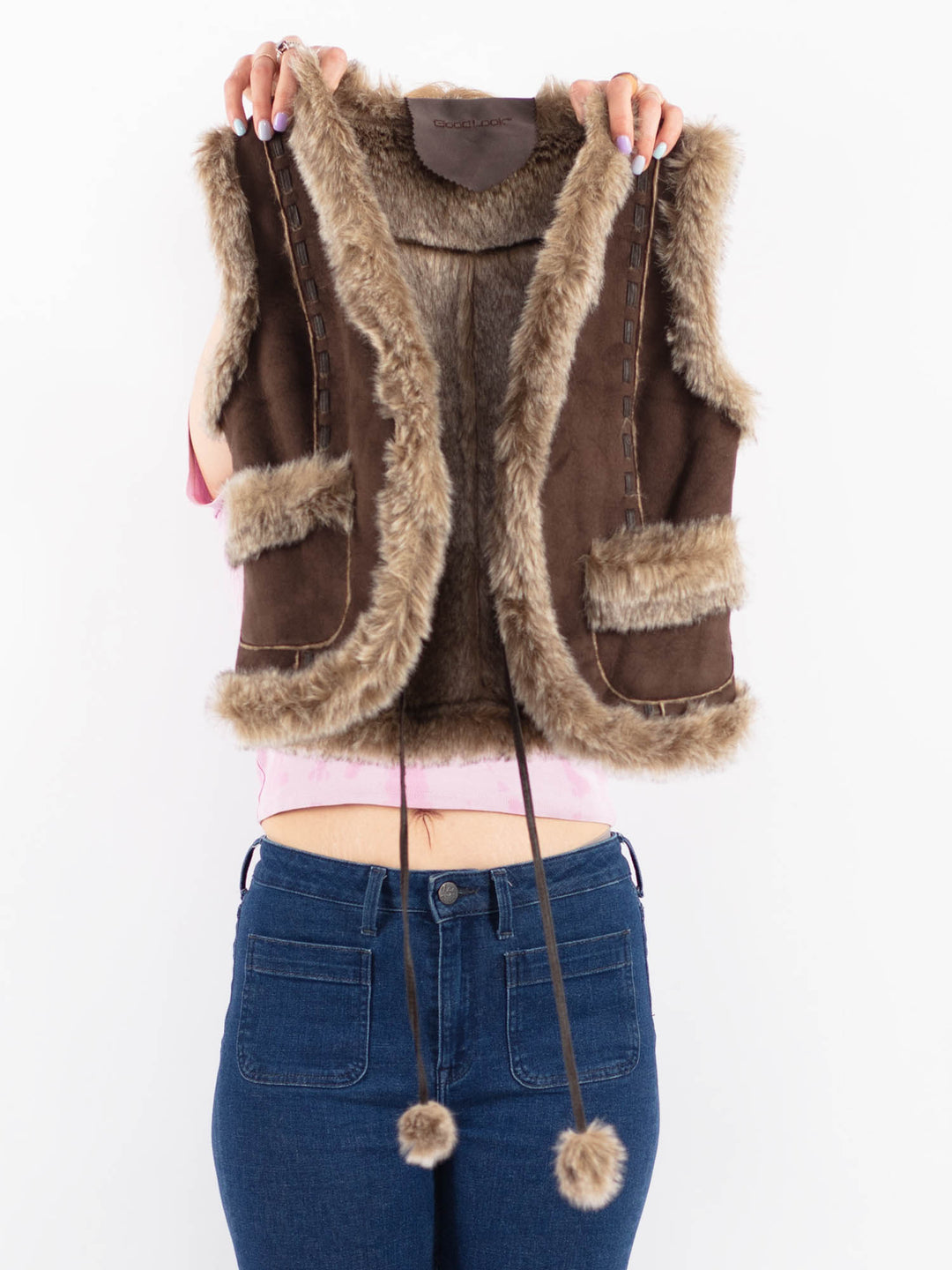Vintage 90's Women Faux Sheepskin Vest in BrownV9633