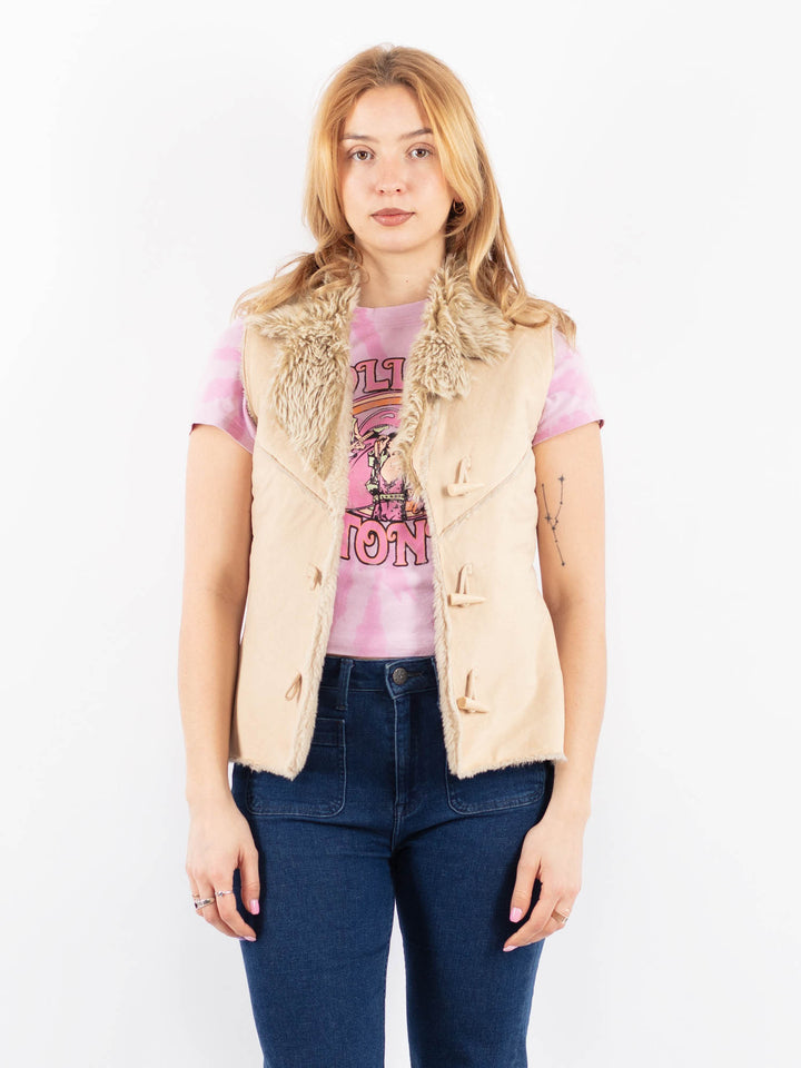 Vintage 90's Women Faux Sheepskin Vest in BeigeV9635