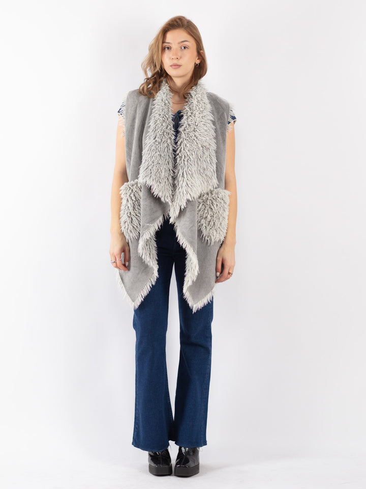 Vintage 90's Women Faux Sheepskin Vest in Gray