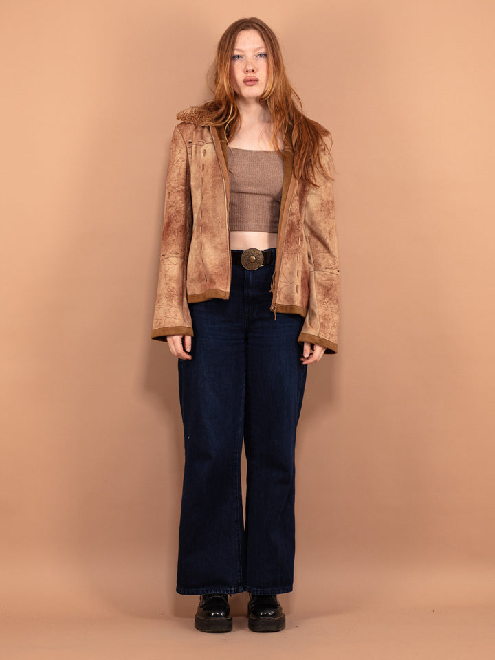 Vintage 90's Women Faux Suede Sherpa Jacket in Beige - NorthernGrip