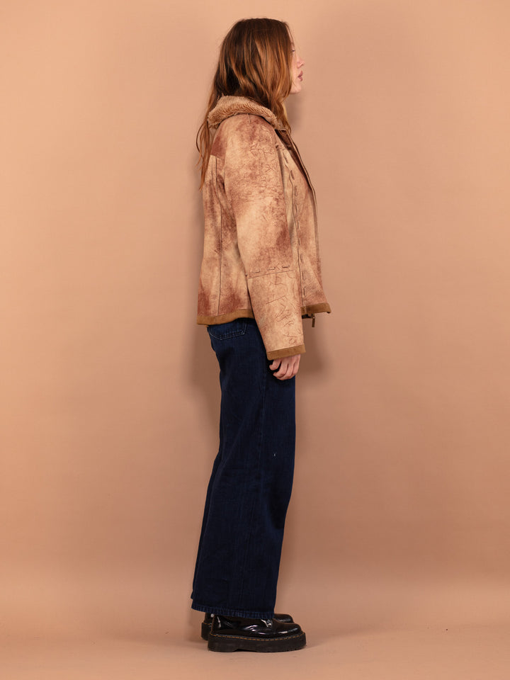 Vintage 90's Women Faux Suede Sherpa Jacket in Beige - NorthernGrip