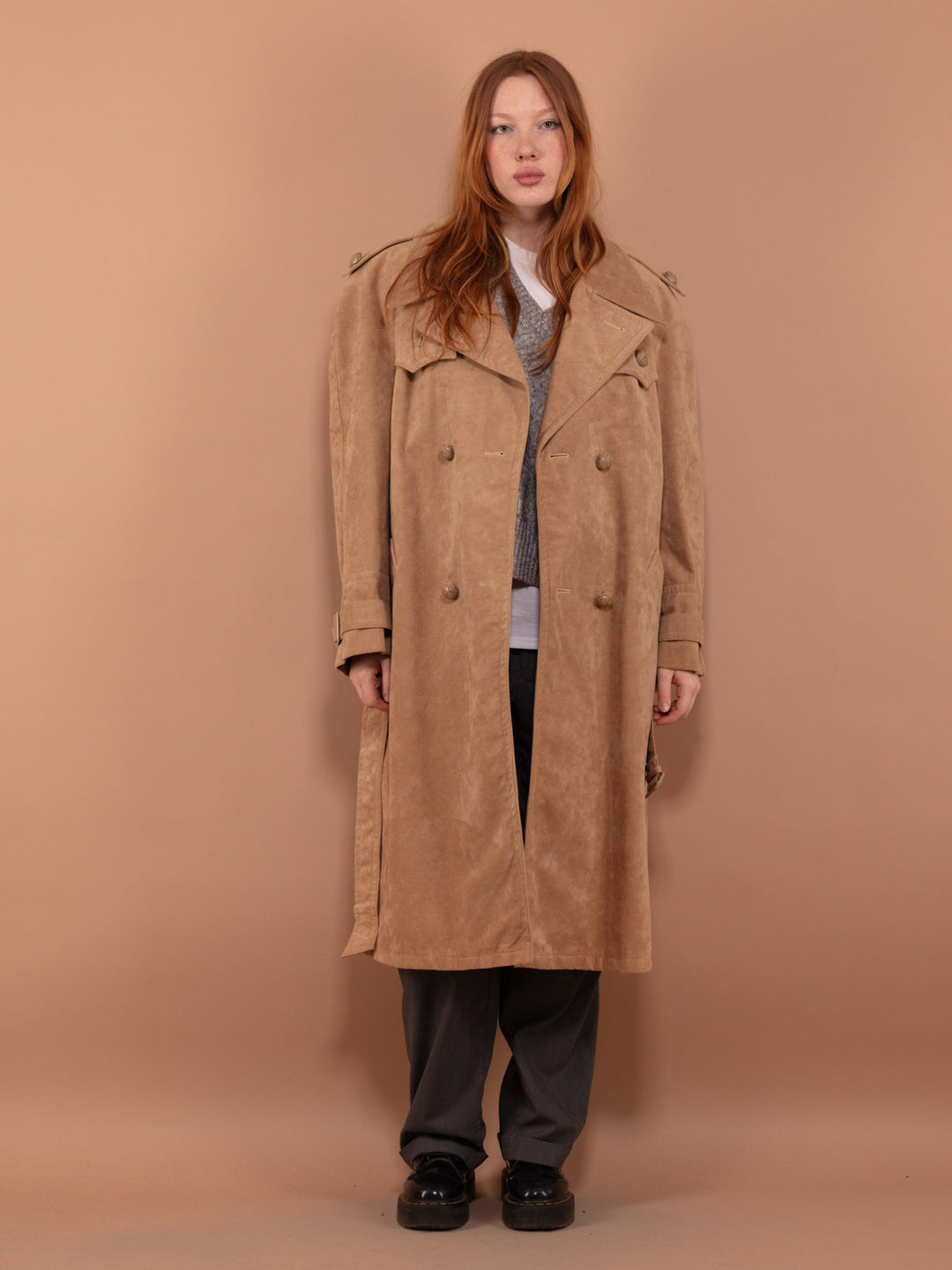 Vintage 90's Women Faux Suede Trench Coat in Beige - NorthernGrip