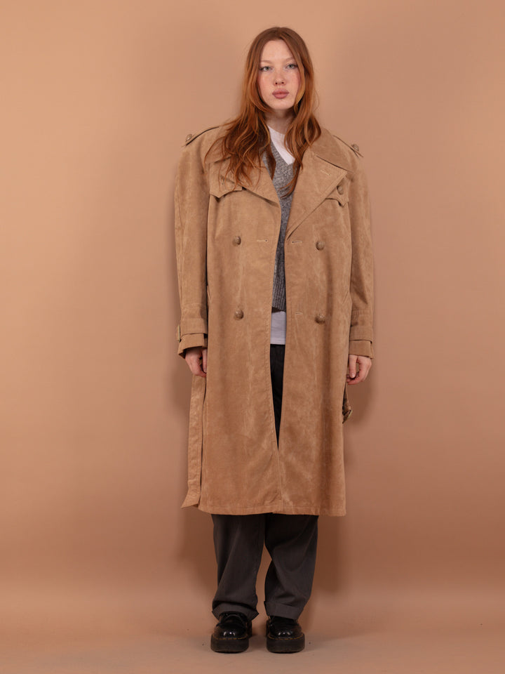 Vintage 90's Women Faux Suede Trench Coat in Beige - NorthernGrip