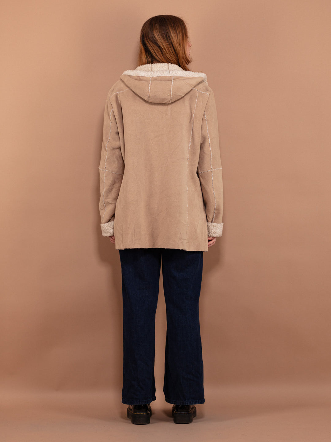 Vintage 90's Women Hooded Faux Sheepskin Coat in Beige - NorthernGrip