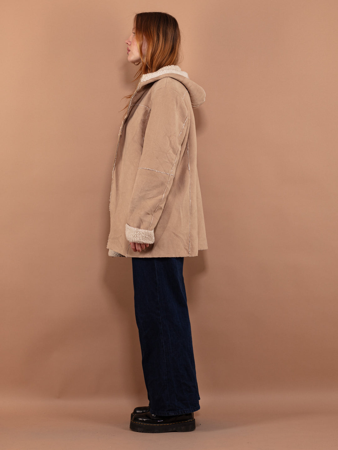 Vintage 90's Women Hooded Faux Sheepskin Coat in Beige - NorthernGrip
