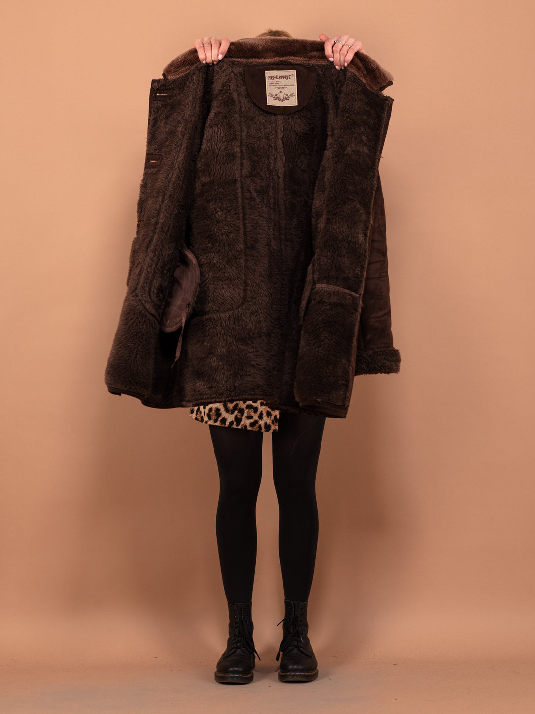 Vintage 90's Women Hooded Faux Sheepskin Coat in Brown - NorthernGrip